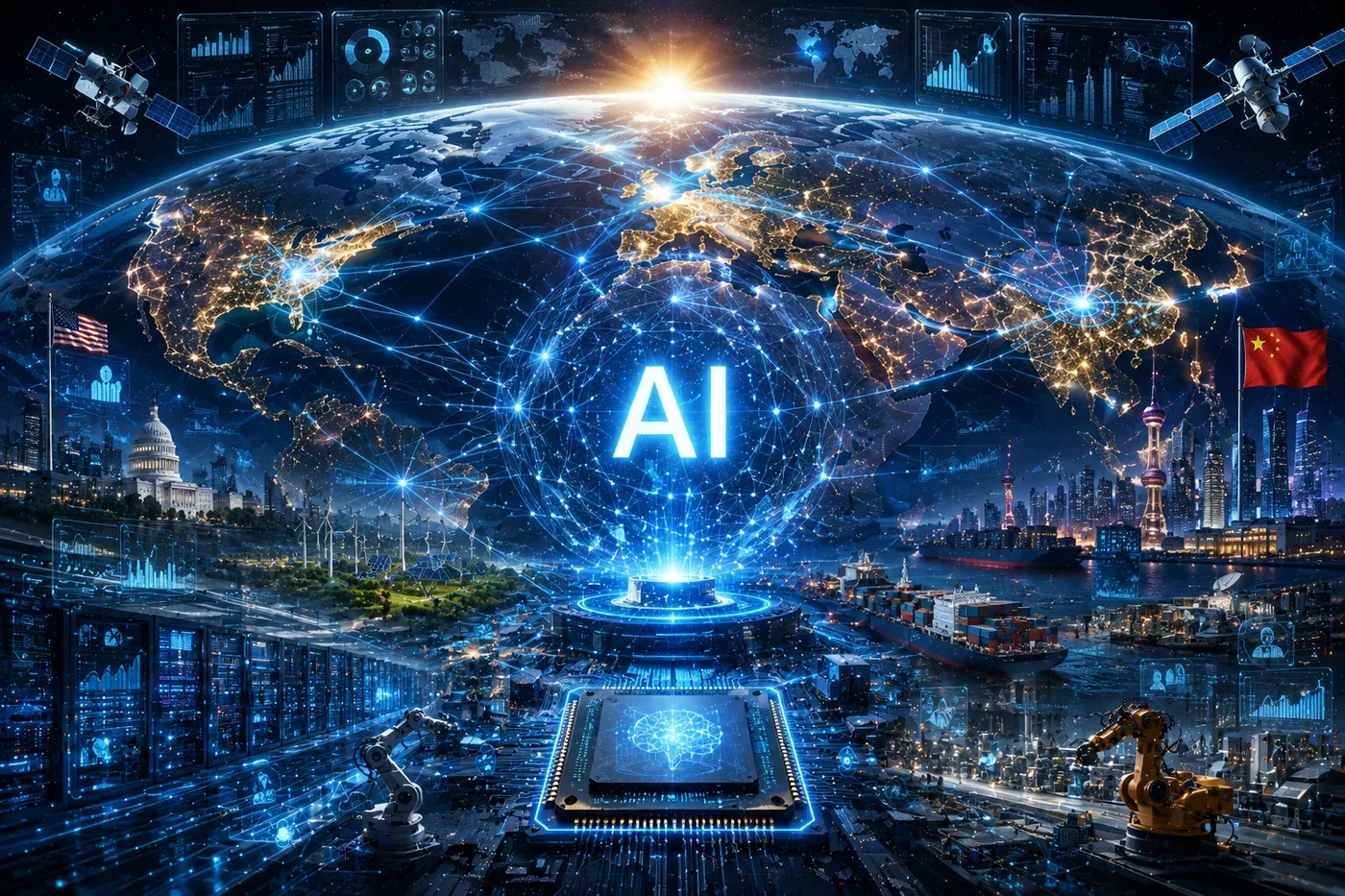 地球を取り巻くAIネットワークと、未来へ伸びる光の道。AIと戦争がたどる岐路をあらわすイメージ