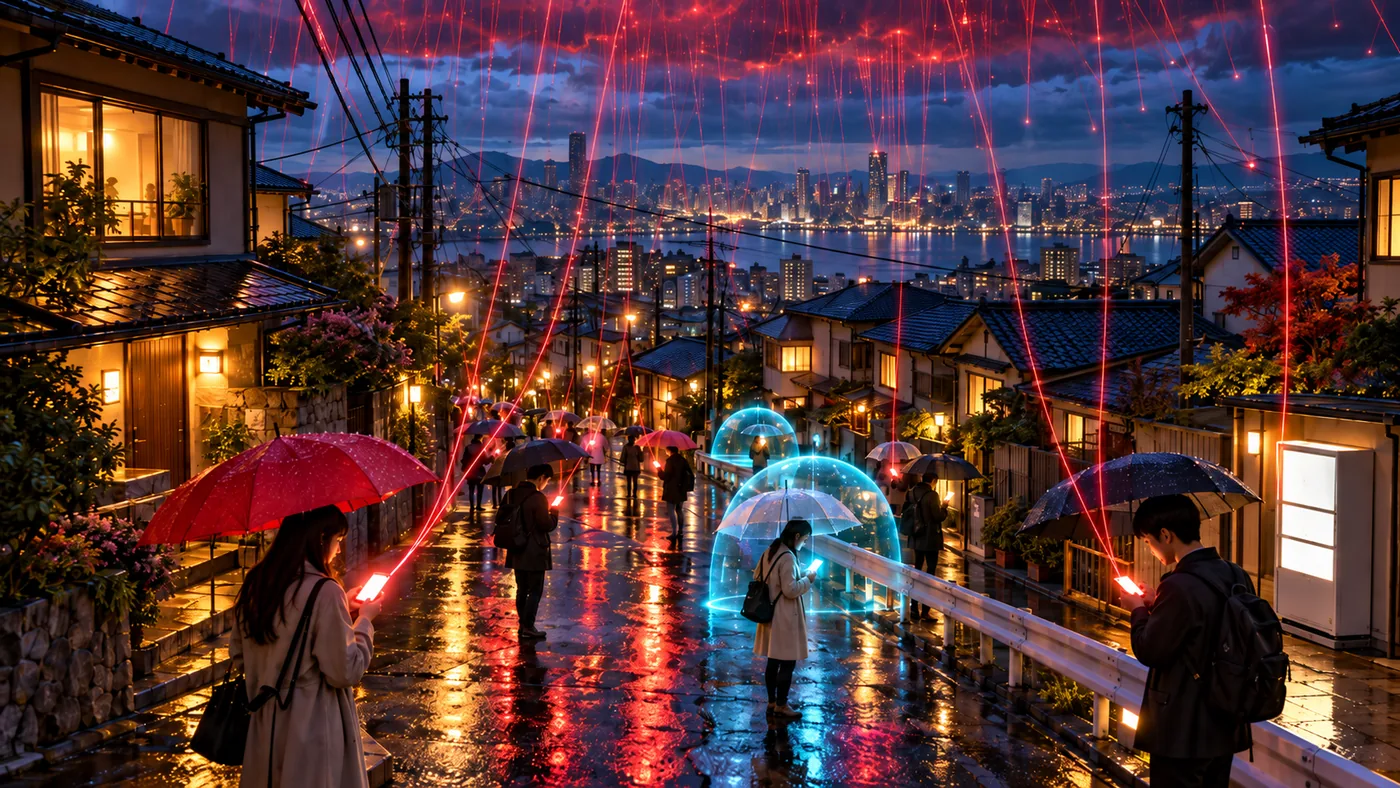 雨あがりの夕暮れ、坂の上から見下ろした日本の住宅街。傘をさした人々がスマートフォンを見ていて、紺色の雲から細く赤い光の糸が何本も画面へ降りている。道の中ほどの二人だけは、水色に光る透明なドームに包まれて糸が届かない。濡れた路面に家々の灯りが映り、遠くに湾と街の夜景が広がる