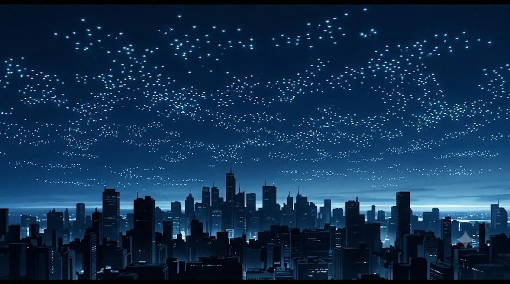 海外の都市の夜空を、無数の小型ドローンの群れが星のように覆っている遠景