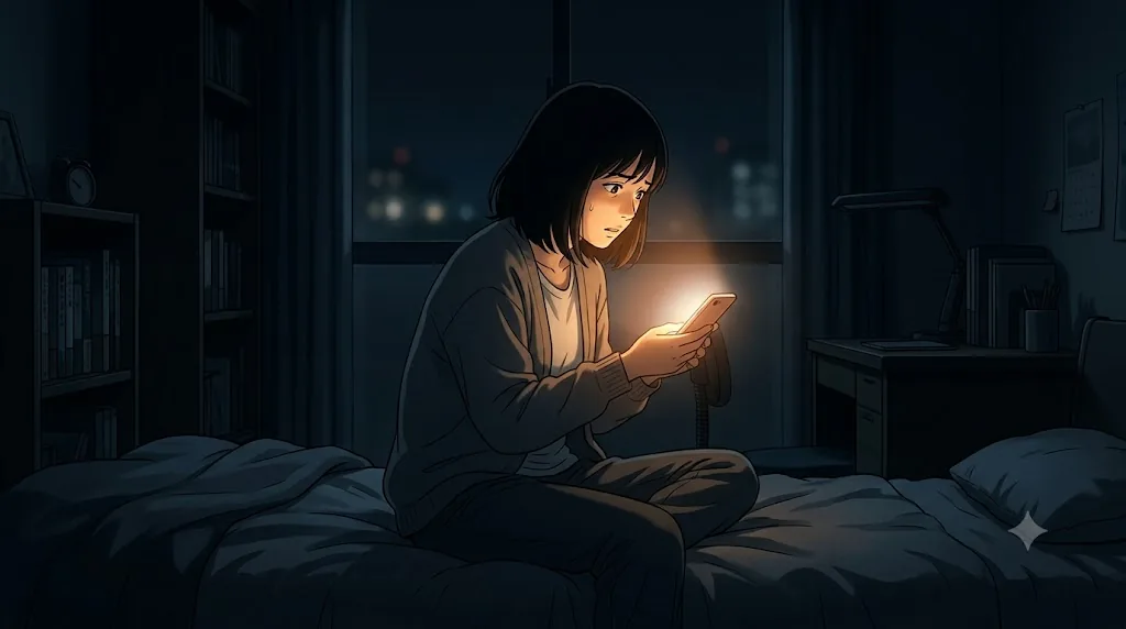 夜の自室で、スマホ画面の光だけに照らされて動画を見つめるハルカ