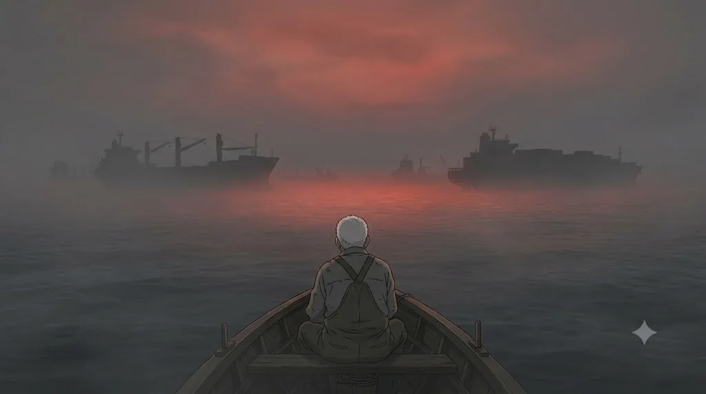 夜明け前の霧の海。小さな漁船に乗るゲンの前方に、灯りのない無人船の影が並ぶ