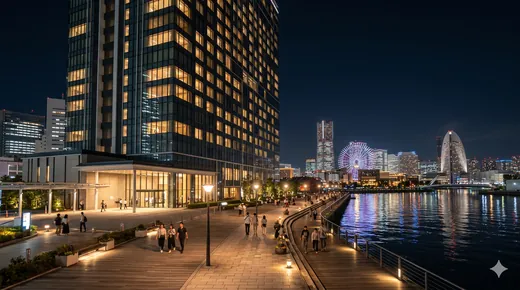 屋上から見渡す、ネオンきらめく夜の港湾都市