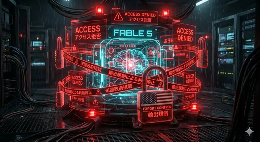 赤く発光するサーバーラックの列——データセンター