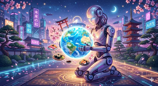 着物姿のAIが地球を抱く、夜の和の街