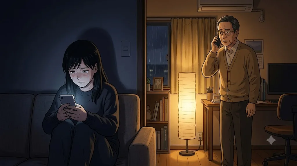 夜のリビング。暗い側のソファでスマホを握りしめてうつむくユイと、暖かい照明の側で仕事の電話を受けながら複雑な表情で娘を見るミチオ