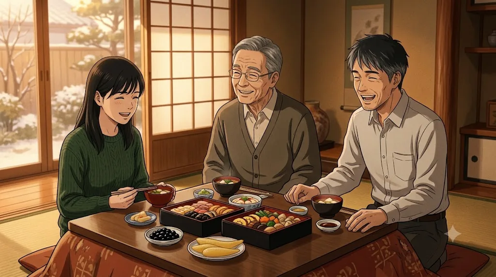 10年後の正月、同じこたつでおせち料理を囲む3人。32歳のユイと45歳のソウタ、64歳のミチオが、今度は全員で楽しそうに笑い合っている