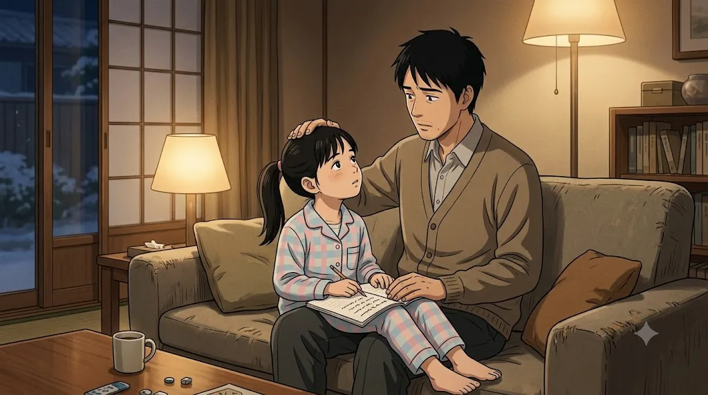 夜の温かいリビングのソファで、宿題のノートを膝に置いた小学3年生の娘が父ソウタを見上げ、ソウタは答えに詰まった優しい表情で娘の頭に手を置いている