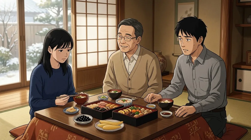 正月のこたつでおせち料理を囲む3人。左でうつむき気味に箸を止める就活生のユイ、中央で穏やかに笑う父ミチオ、右で曖昧な表情のソウタ。窓の外は雪の庭