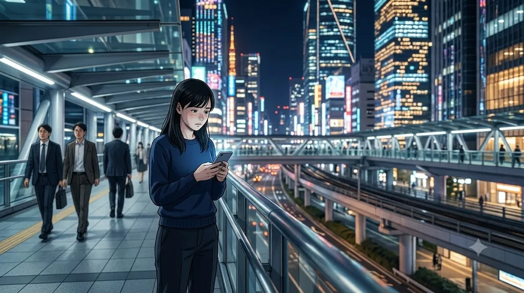 夜の未来的な都会の歩道橋で立ち止まり、浮かない表情でスマホを見つめる30歳のユイ。背景には高層ビルのきらびやかな光