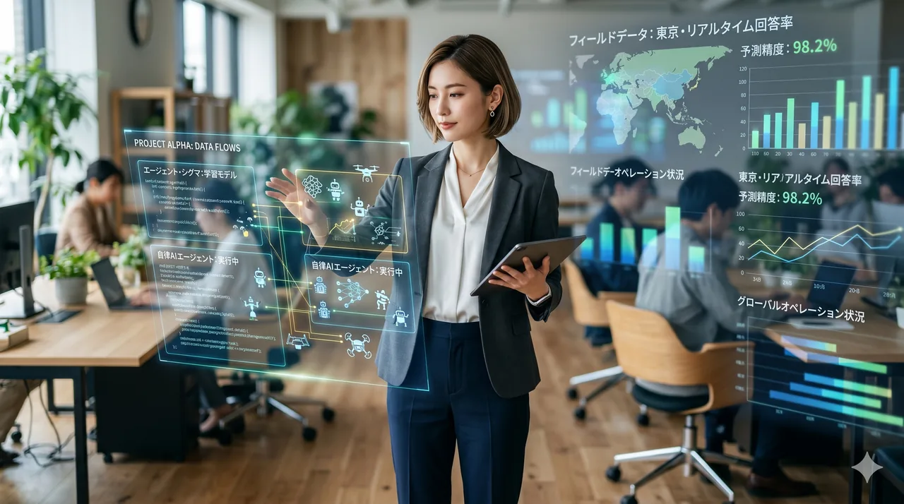オフィスで、AIが映し出す複数のデータ画面を操作しながら働く女性。AIを使いこなして価値を生む働き方のイメージ