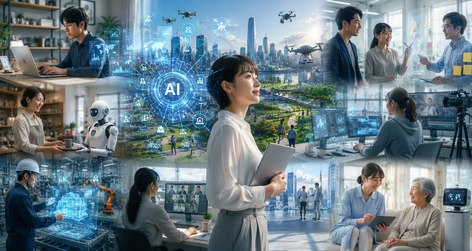 仕事・学び・家庭・介護など、暮らしのさまざまな場面でAIを使う人々のイメージ