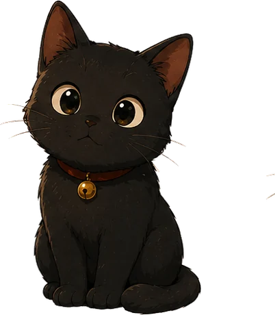 鈴つきの首輪をした黒猫のクロが、こちらを見て座っている