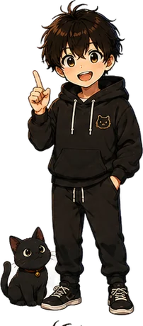 運営者アバターの少年（人差し指を立てる）と足元の黒猫