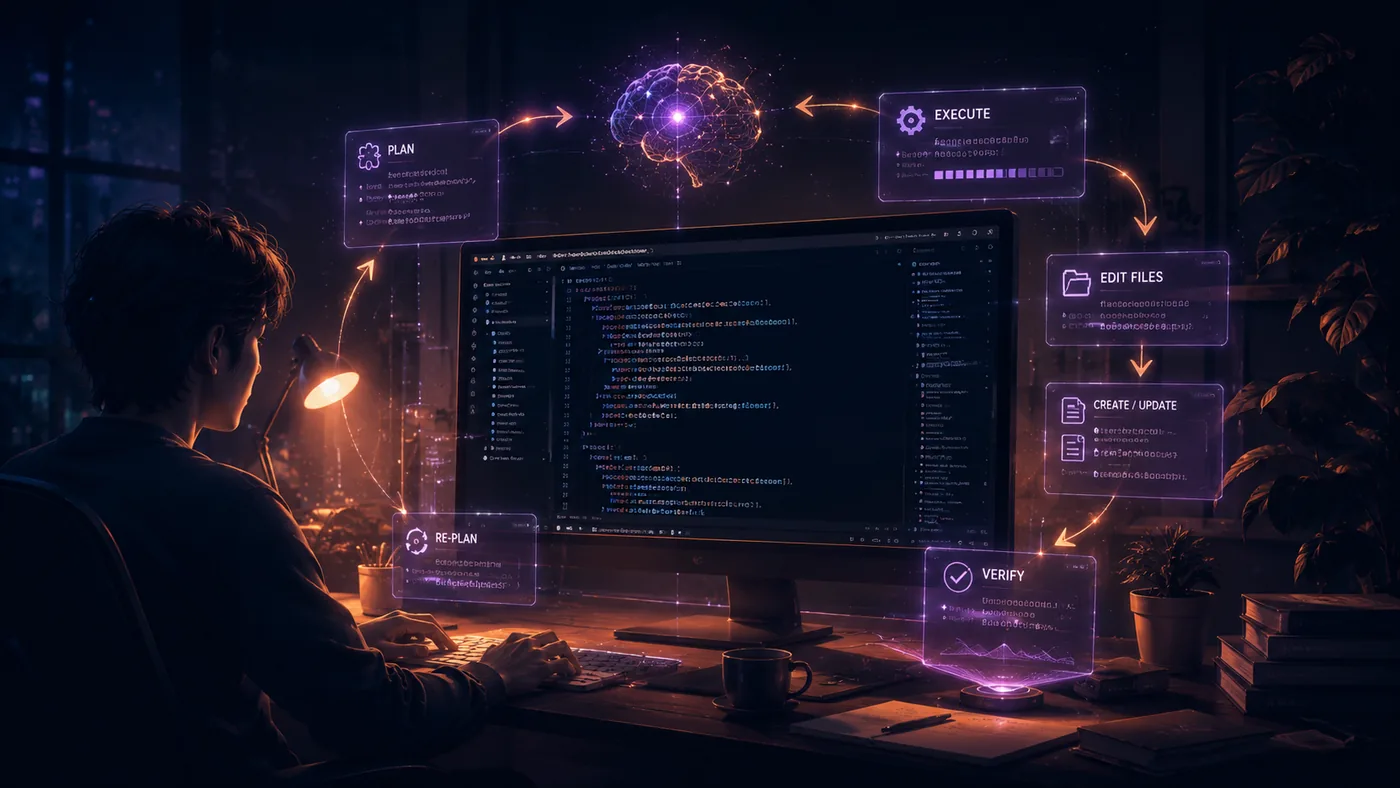 人がPCに向かい、AIの作業がPLAN→EXECUTE→EDIT→VERIFY→RE-PLANのループで可視化されたイラスト