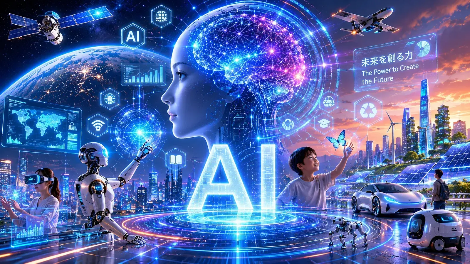 光る脳をもつAIの横顔、ロボット、未来都市、蝶に手を伸ばす子どもが描かれた「未来を創る力」のイメージ。進化するAIを表している