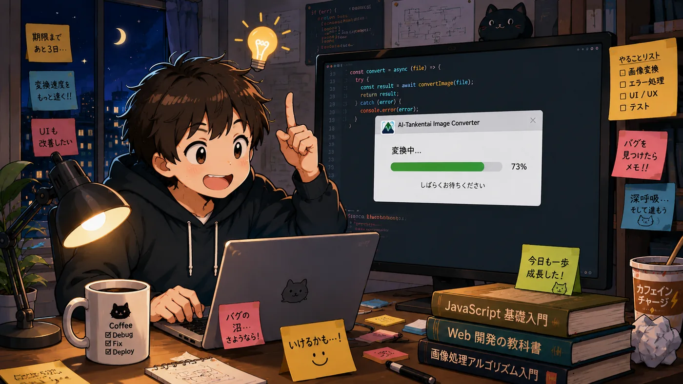 夜の机でノートパソコンに向かい、ひらめいた様子で作業する運営者の少年と黒猫。付箋やコーヒー、コードの画面に囲まれた“足元にログが溜まる”日常の情景