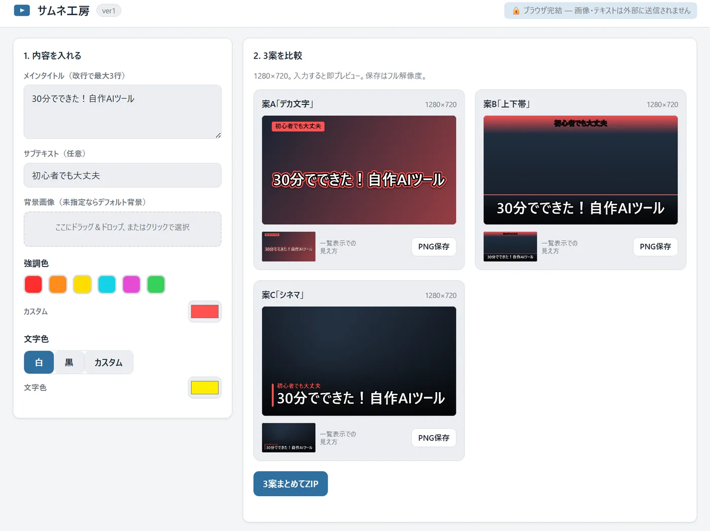 操作中の実画面。左の入力欄にメインタイトル『30分でできた！自作AIツール』とサブテキスト『初心者でも大丈夫』、強調色に赤を指定。右にはA案デカ文字・B案上下帯・C案シネマの3つのサムネイルが同じ文言でリアルタイム描画されている